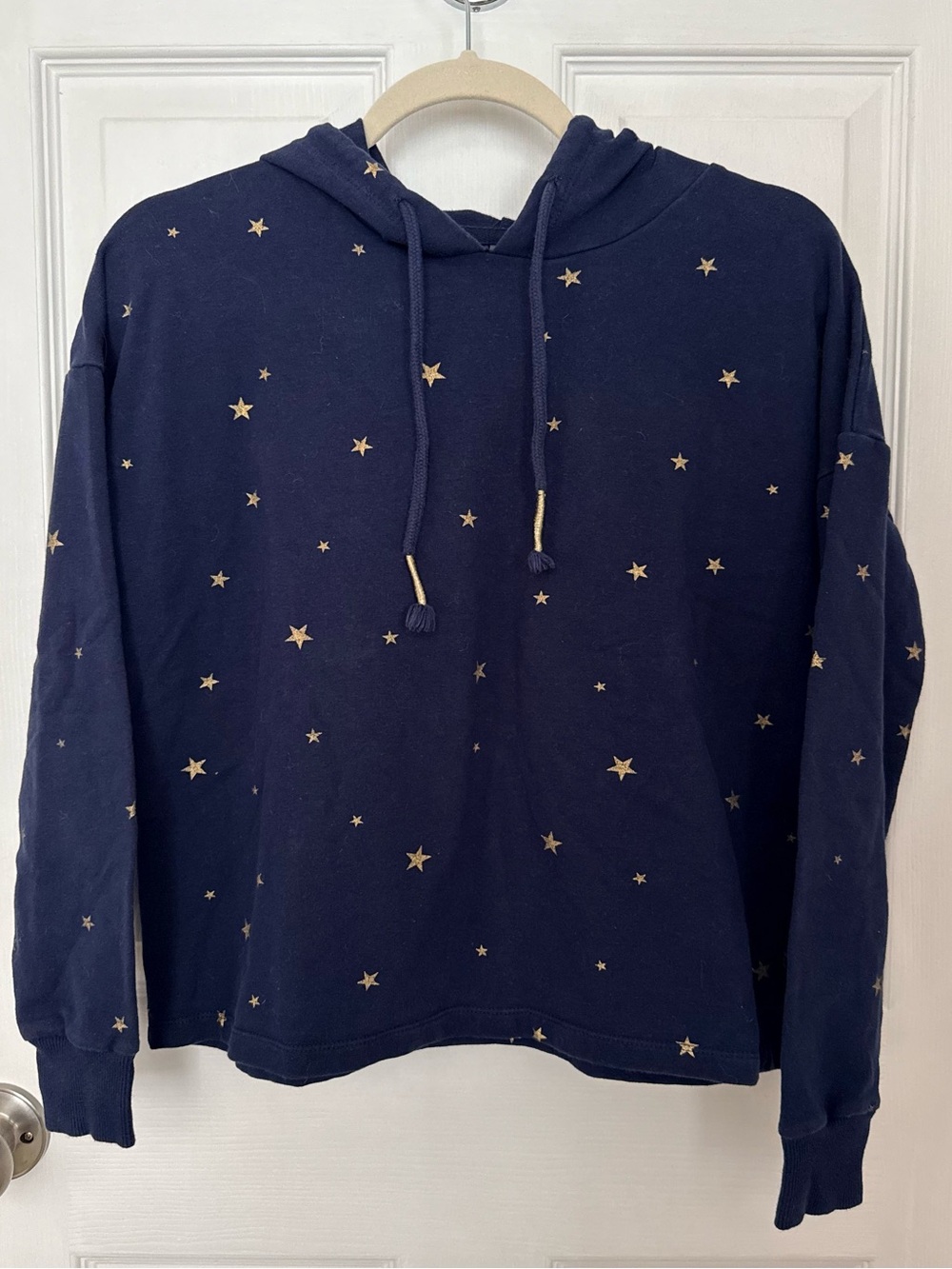 Alya Navy Blue Gold Star Celestial Cotton Cropped Hoodie Sweatshirt Size S